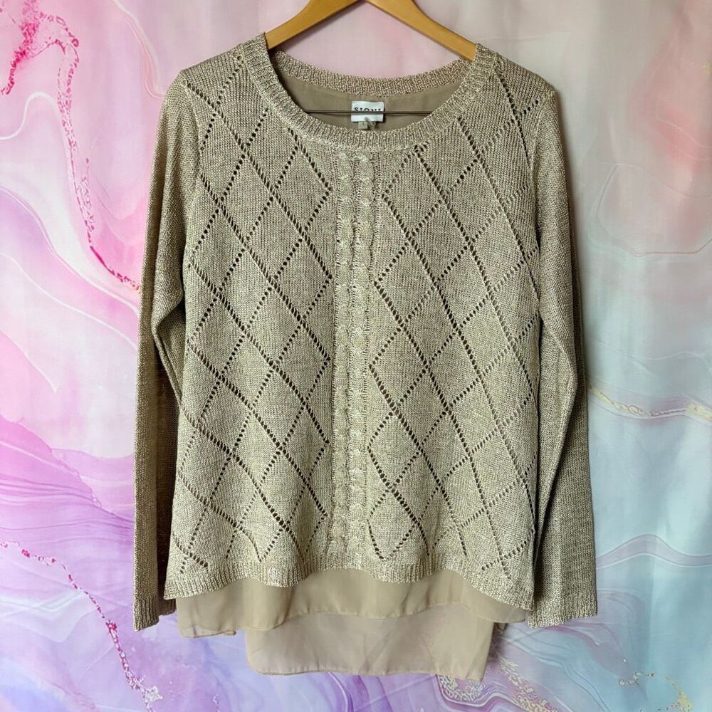 Sioni L Beige Tan Shiny Knit Sweater Sheer Lining Rhinestones Glam Luxury Preppy